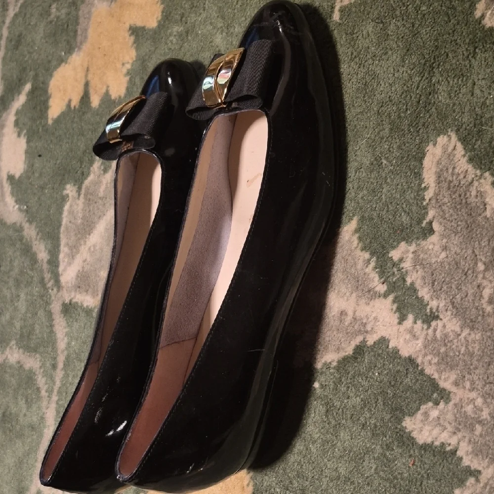 Bally Women's Black Patent Leather Loafers with Gold Buckle